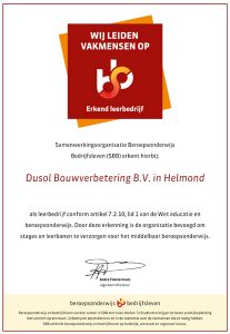 SBB Certificaat Erkend Leerbedrijf Dusol Bouwverbetering